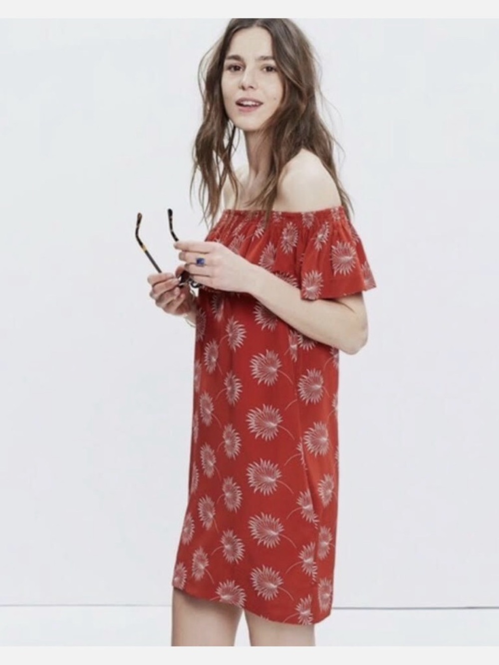 Madewell Silk Off the Shoulder Palm Flower Red Dress